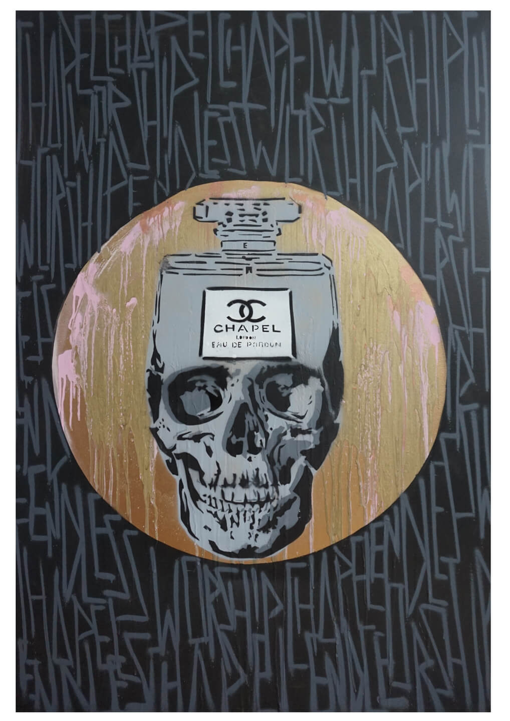 CHAPEL SKULL HALO GOLD, 100 x 150xm, acrylic and spray paint on canvas 